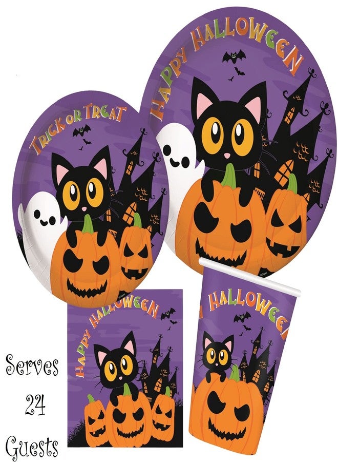 Oojami Serves 24 Complete Party Pack Cute Halloween Cats Monsters and Ghosts Includes Plates Cups Napkins Table Cover Balloons Picks Curtains Banner Halloween Party Decorations Halloween Party Supplies - Image 2